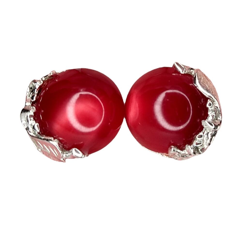 60's Vintage Red Thermoset Plastic Clip-on Earrings Cherries Apples Jelly Belly